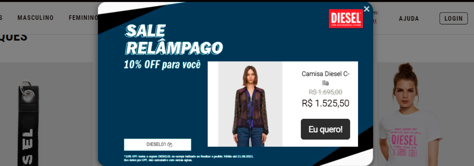 Exemplo de promoção relâmpago da marca Diesel com desconto de 10% em camisetas e uma mulher usando uma camisa Diesel na imagem.